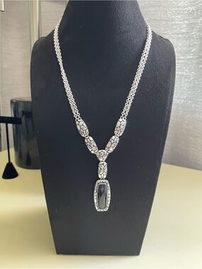 Sterling-Style Silver Necklace with Black Pendant